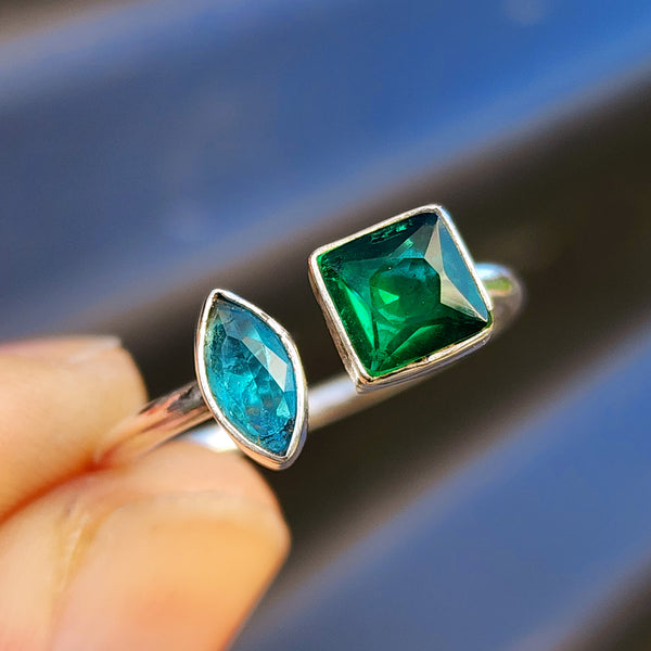Solid 925 Sterling Silver With Natural Emerald & Topaz Double Setting Ring