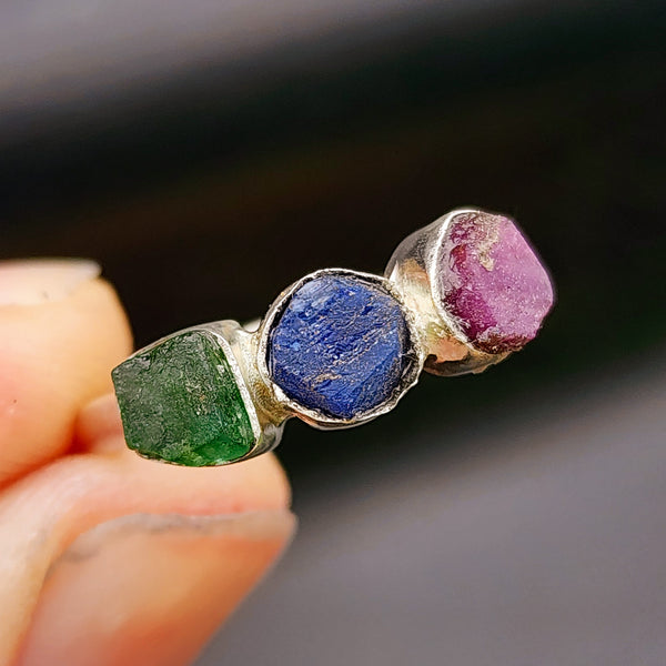 (R) 925 Sterling Silver With Raw Emerald, Sapphire, Ruby Rustic Handmade Ring