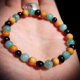 Polished Cherry Amber, Pine Wood, Amazonite Elastic Bracelet