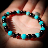 Polished Cherry Amber & Turquoise Elastic Bracelet
