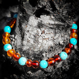 Polished Cognac Amber & Turquoise Stone Elastic Bracelet