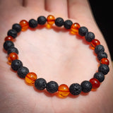 Polished Cognac Amber & Lava Stone Elastic Bracelet