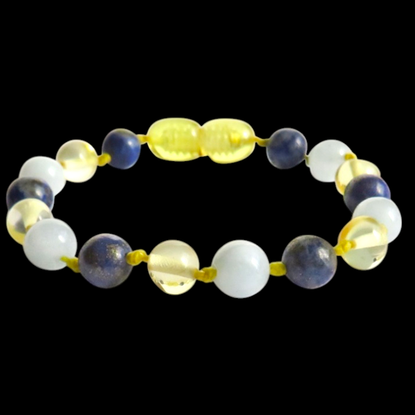 Amber Teething Bracelet / Anklet - Polished Lemon, Lapis Lazuli, Aquamarine