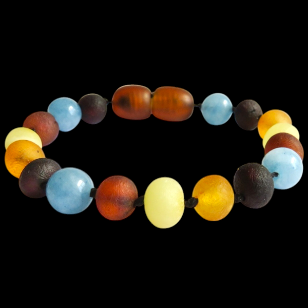 Amber Teething Bracelet  / Anklet - Raw Mixed Amber & Aquamarine