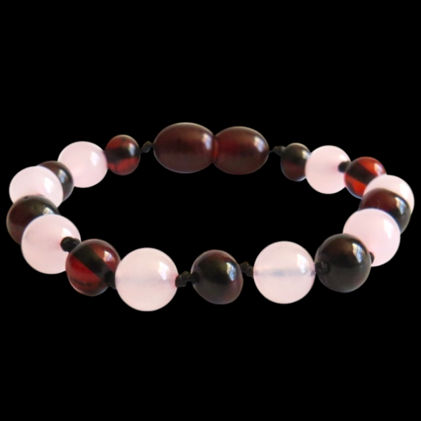 Amber Teething Bracelet / Anklet- Polished Cherry Amber & Rose Quartz