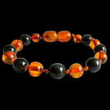 Amber Teething Bracelet  / Anklet - Polished Cognac Amber & Black Obsidian Stone