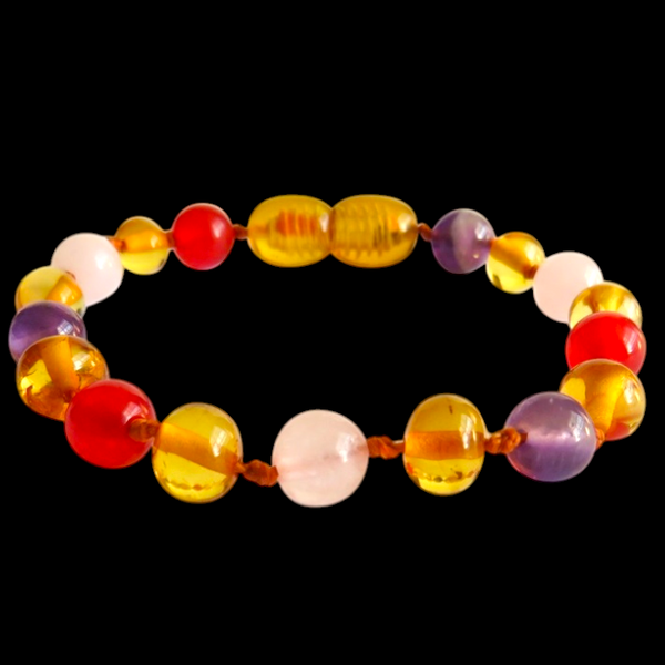 Amber Teething Bracelet / Anklet - Honey Amber, Rose, Amethyst, Red Chalcedony