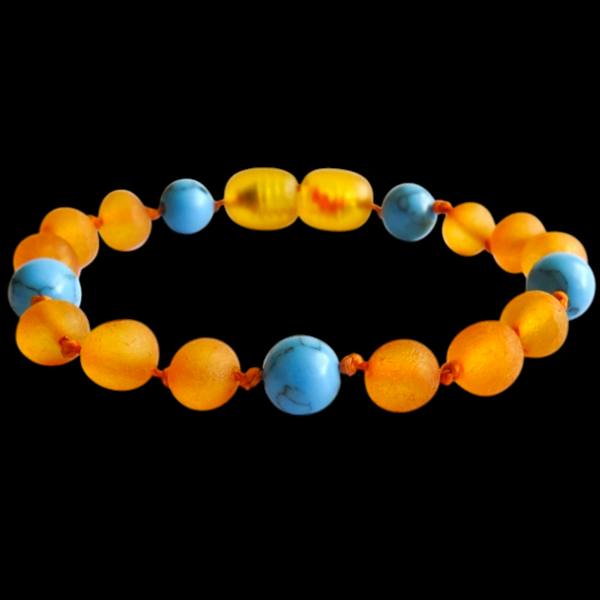 Amber Teething Bracelet / Anklet - Raw Honey Amber & Blue Turquoise Stone