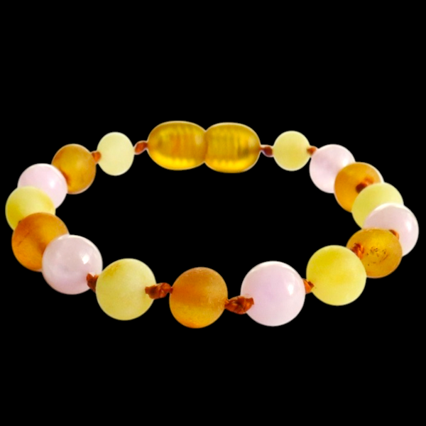 Amber Teething Bracelet / Anklet - Raw Honey, Butter & Rose Quartz
