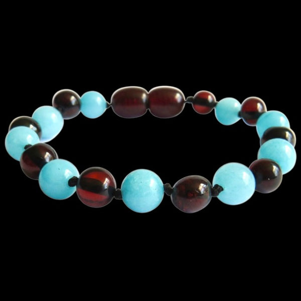 Amber Teething Bracelet / Anklet - Polished Cherry Amber & Amazonite