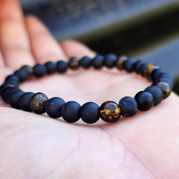 Adults Bracelet - Polished Green Amber & Matte Obsidian