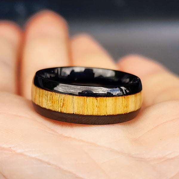 Size Y, T - Black & Wood Center Stainless Steel Band Ring