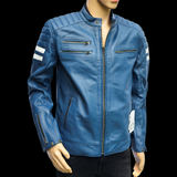Blue Beetle - Mens REAL Genuine Leather Jacket - Blue & White Stripe