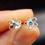 7mm Light Blue CZ & Solid 925 Sterling Silver Flower Stud Earrings