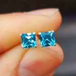 6mm Blue CZ & Solid 925 Sterling Silver Faceted Square Stud Earrings