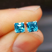 6mm Blue CZ & Solid 925 Sterling Silver Faceted Square Stud Earrings