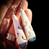 Natural Carved Maori Bone Carving & Paua Earrings - Oval Paua Drops