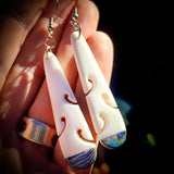 Natural Carved Maori Bone Carving & Paua Earrings - Oval Paua Drops