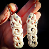 Natural Maori Bone Carving & Paua Earrings - Double Manaia