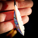 Natural Carved Maori Bone Carving Pendant Necklace - Feather With Paua Inlay