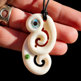 Manaia Double Koru Bone Carving & Greenstone Pendant Necklace - NZ Maori Inspired
