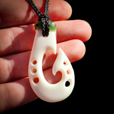 Hook Bone Carving & Greenstone Pendant Necklace - NZ Maori Inspired