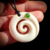 Koru Bone Carving & Greenstone Pendant Necklace - NZ Maori Inspired
