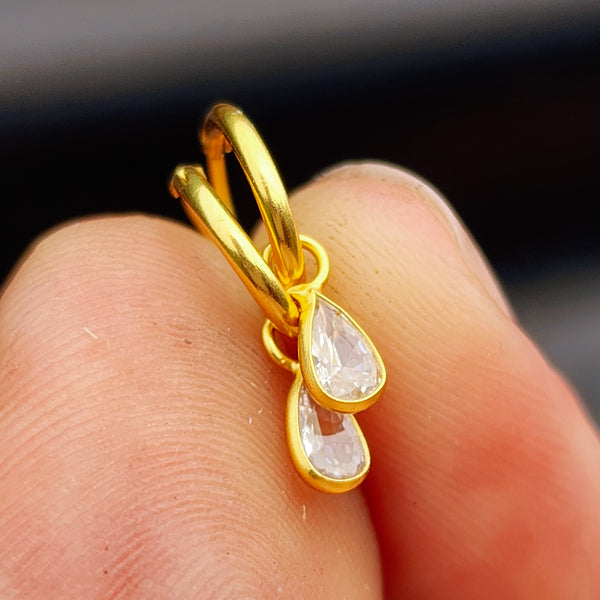 Gold 925 Sterling Silver & Faceted CZ Pear Hoop Earrings