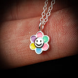 Childrens 925 Solid Sterling Silver Colorful Smiley Flower Necklace