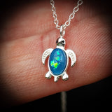 Childrens 925 Solid Sterling Silver & Created Opal Turtle Necklace