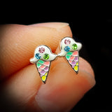 Childrens 925 Sterling Silver & Colored CZ Ice cream Stud Earrings