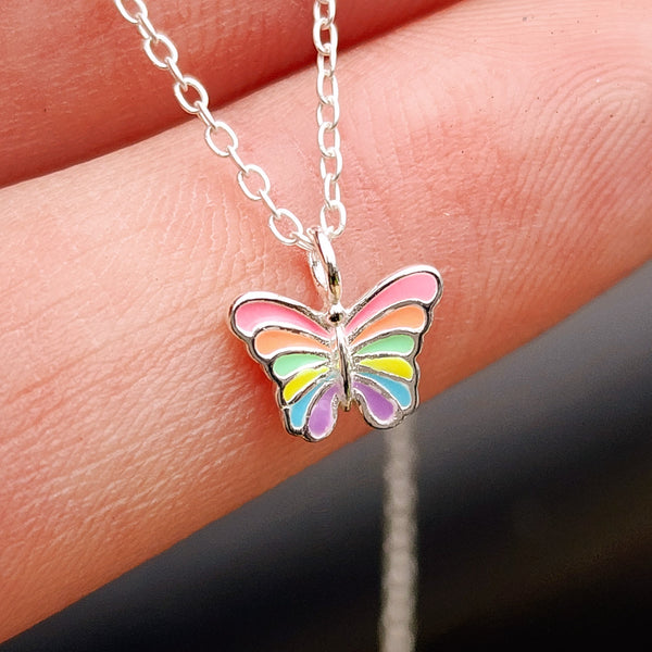Childrens 925 Solid Sterling Silver Colorful Butterfly Necklace
