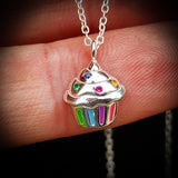 Childrens 925 Solid Sterling Silver & Colored CZ Cupcake Necklace