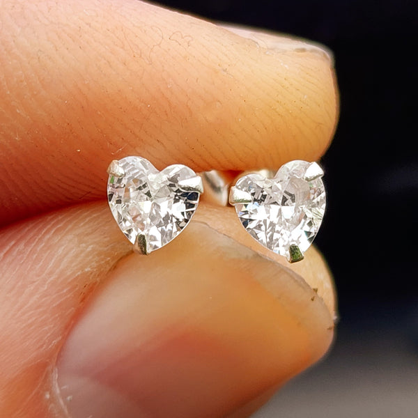 5mm Clear CZ & Solid 925 Sterling Silver Heart Stud Earrings