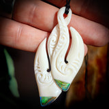 Natural Carved Maori Bone Carving Pendant Necklace - Double Hook With Paua Inlay