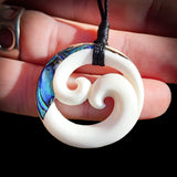 Natural Maori Bone Carving Pendant Necklace - Double Koru