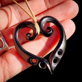 Double Koru Heart Black Bone Carving Pendant Necklace - NZ Maori Inspired