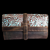 Genuine Leather Hand Tooled Vintage Brown & Turquoise Purse