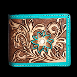 Genuine Leather Hand Tooled Wallet - Brown Turquoise