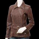 50% OFF SALE. Mocha - Womens REAL Genuine Leather Jacket - Brown Side Zip Ribbed