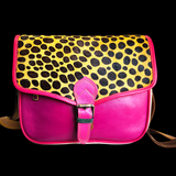 Genuine Leather & Cow Hair Shoulder Handbag - Patchwork Pink Leopard