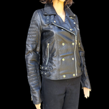 50% OFF SALE. Womens REAL Genuine Leather Jacket - Black Ribbed & Domed Side Zip