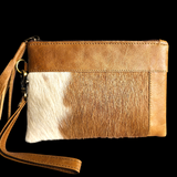 Genuine Leather & Cow Hair Clutch Purse - Tan