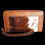 Genuine Leather & Cow Hair Hand Tooled Clutch Purse - Brown