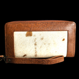 Genuine Leather & Cow Hair Hand Tooled Clutch Purse - Brown