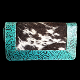 Genuine Leather & Cow Hair Hand Tooled Purse - Turquoise