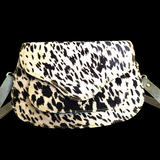 Genuine Leather & Cow Hair Hand Bag - Black & White Patchwork
