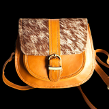 Genuine Leather & Cow Hair Rounded Handbag - Tan & Cow Hair