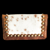 Genuine Leather & Cow Hair Rustic Studded Purse - Brown
