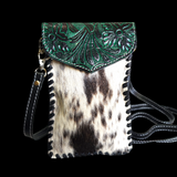 Genuine Leather & Cow Hair Shoulder Phone Bag - Green & Hair